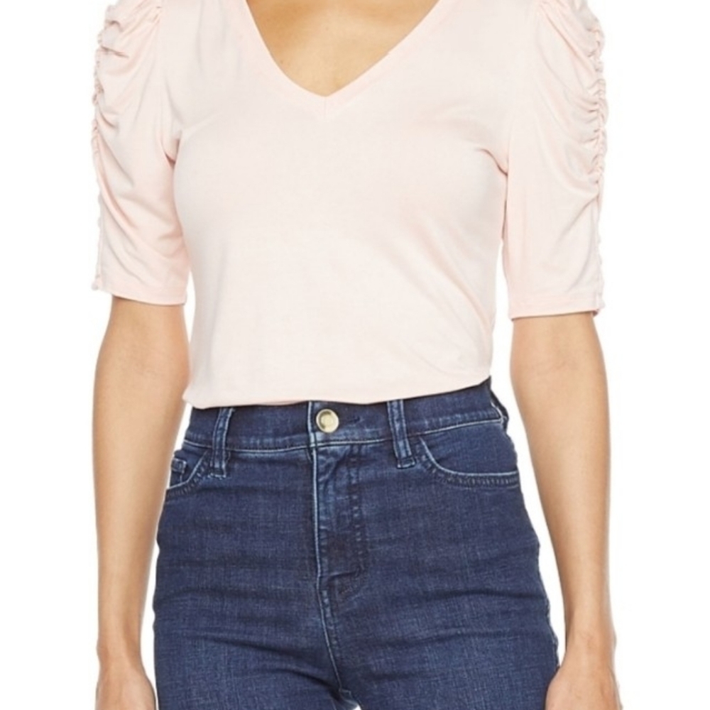 Ryegrass Womens V Neck Rouched Short Sleeve Blouse